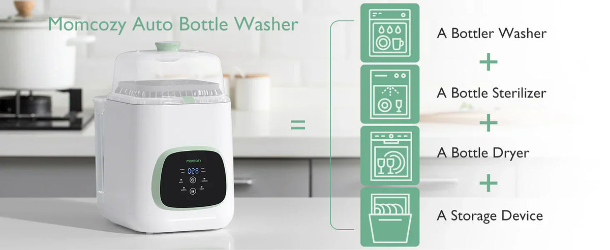 A Momcozy Auto Bottle Washer sits on a kitchen counter
