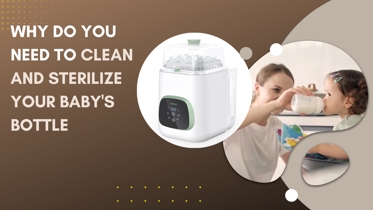 The mother uses Momcozy's bottle washer to clean and sterilize the baby bottles for her child