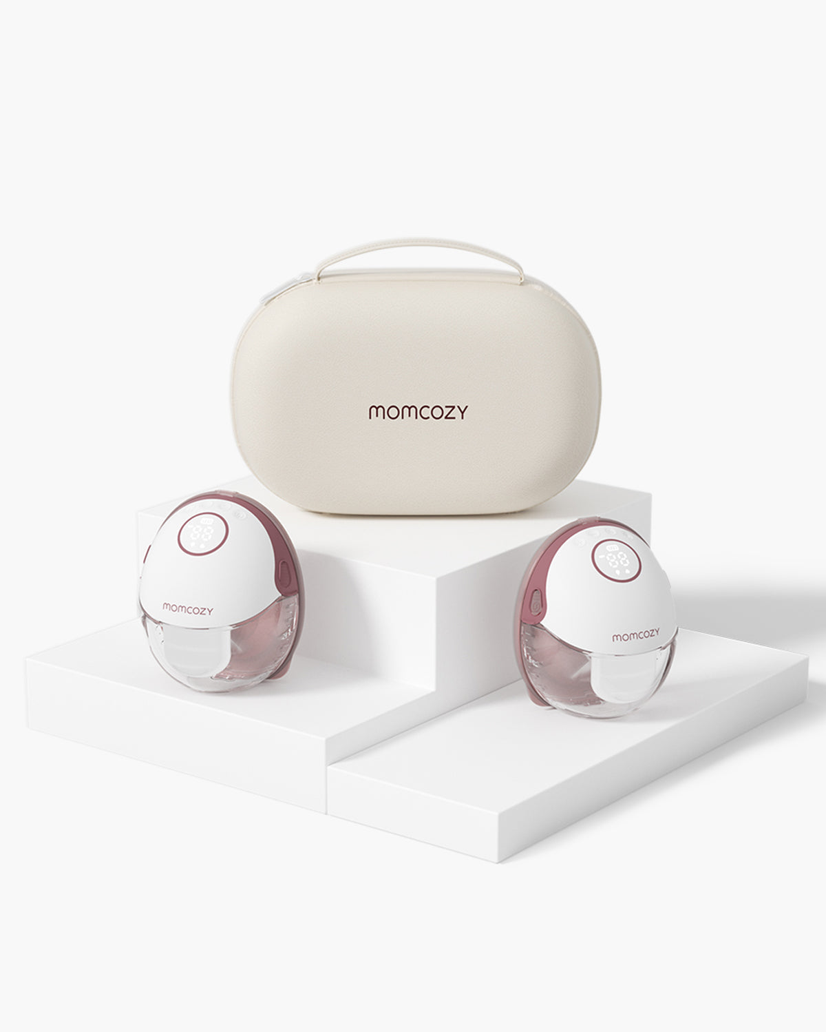 Momcozy M6 freihändige Milchpumpe in Weiß-Rosé mit beigem Etui