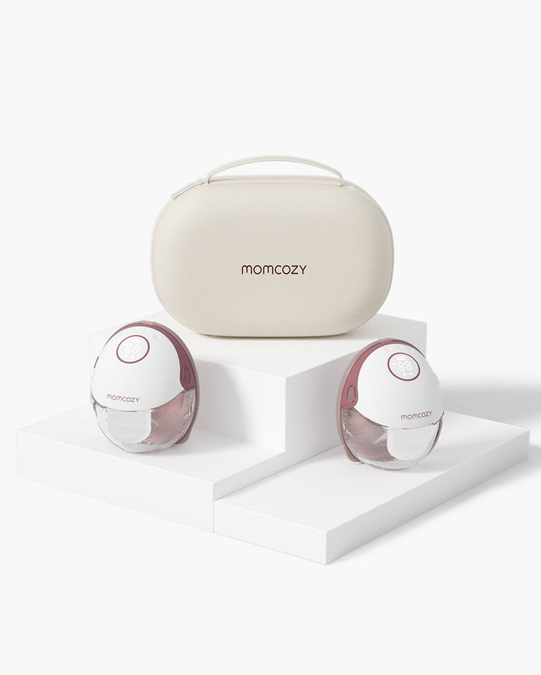 Translation missing: de.Momcozy M6 freihändige Milchpumpe in Weiß-Rosé mit beigem Etui