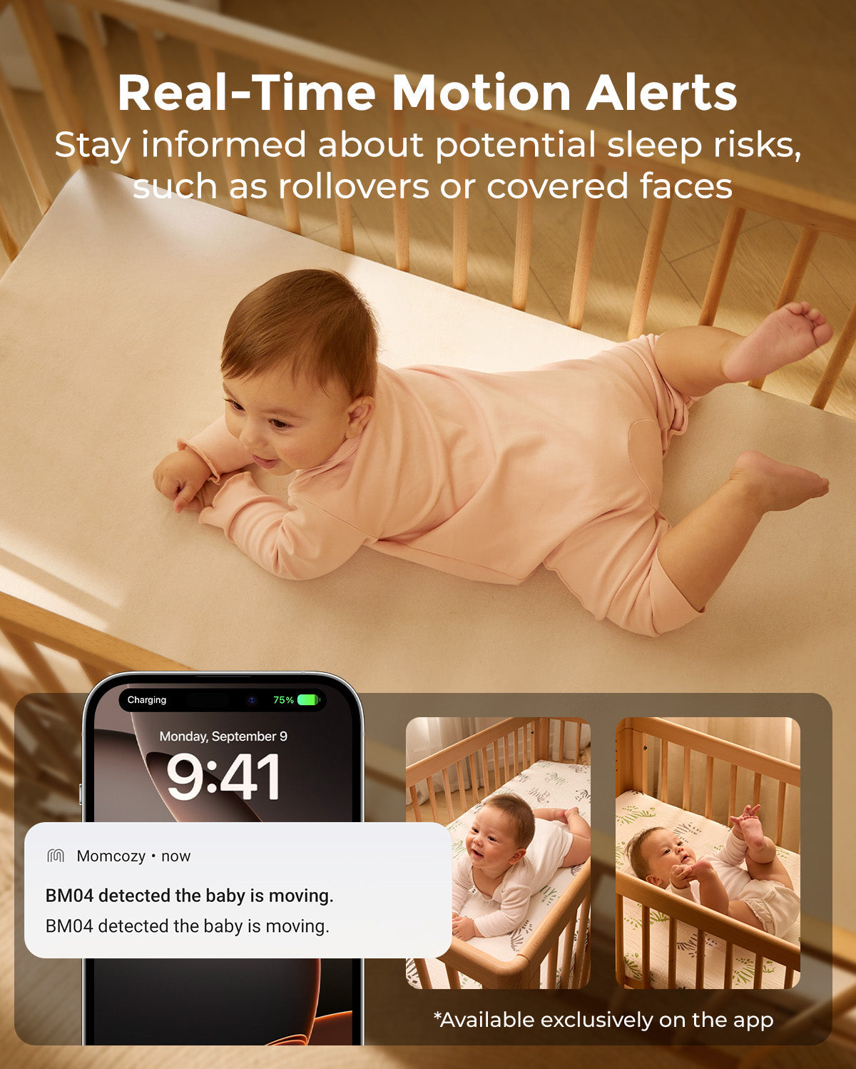 Momcozy BM04 sendet Bewegungsalarme aufs Handy, etwa wenn sich das Baby dreht