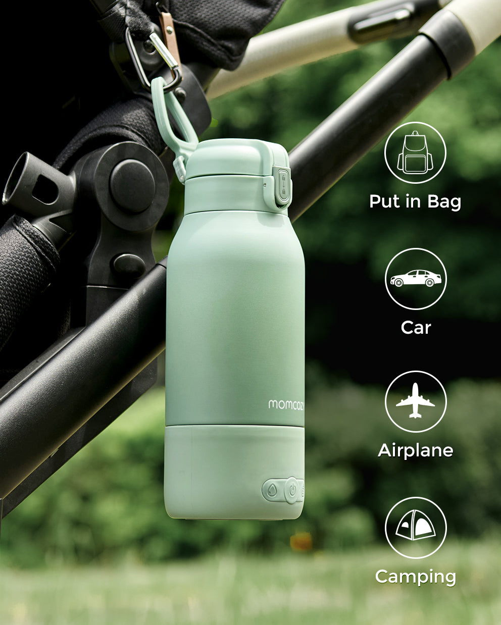 Flaschenwärmer am Kinderwagen befestigt: für Tasche, Auto, Flugzeug und Camping