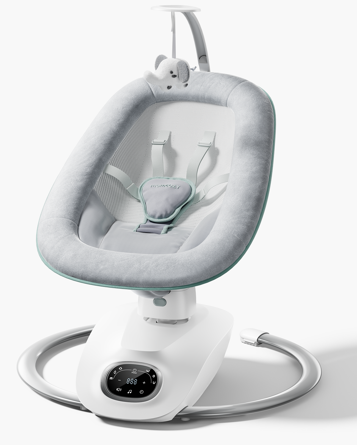 Momcozy CocoSway elektrische Babyschaukel in Grau mit Spielbogen und Bedienfeld