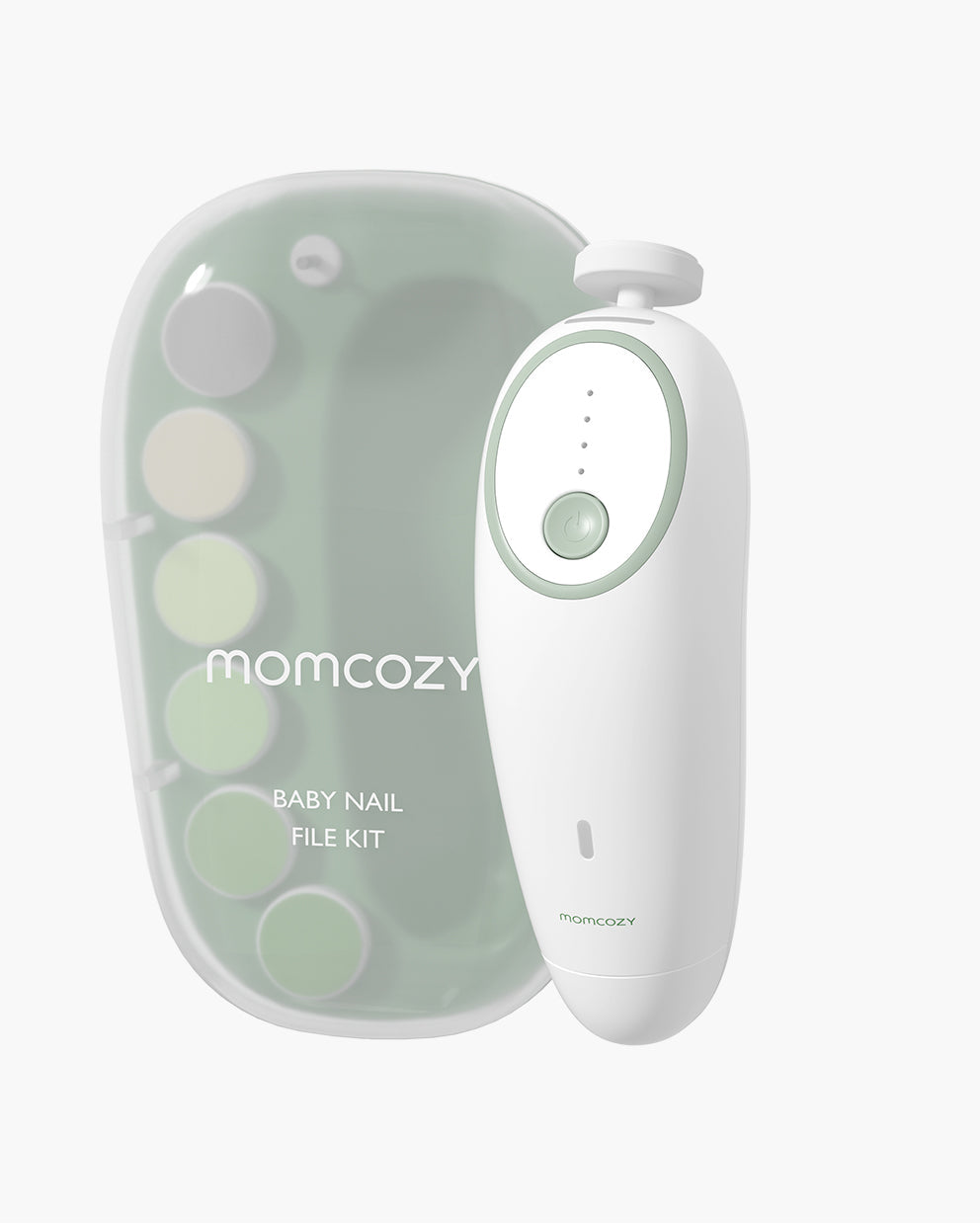 Momcozy elektrische Babynagelfeile mit weißem Handstück neben dem hellgrünen Etui