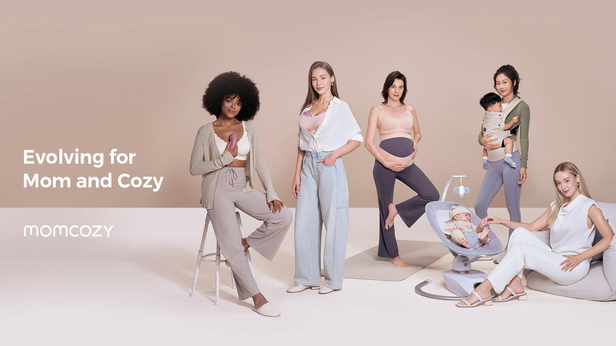 Five mothers with different Momcozy products