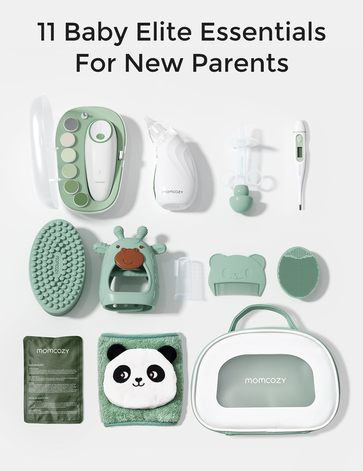 Momcozy Elite Babyset mit 11 Pflegeteilen für frischgebackene Eltern, flach ausgebreitet