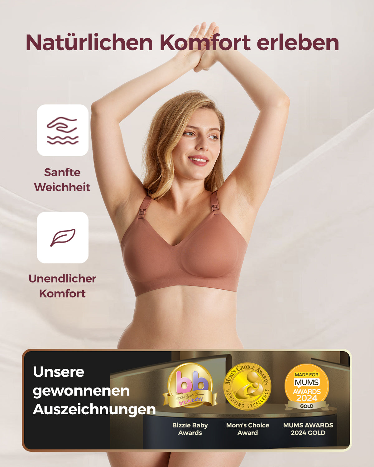 Warm cinnamon YN21 Seamless Nursing Bra on model. Highlights V-neck, easy clips, and award-winning comfort for M5 pump.