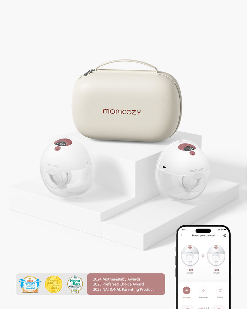 Momcozy M5 Smart Doppel-Milchpumpe mit Etui und App-Steuerung am Smartphone