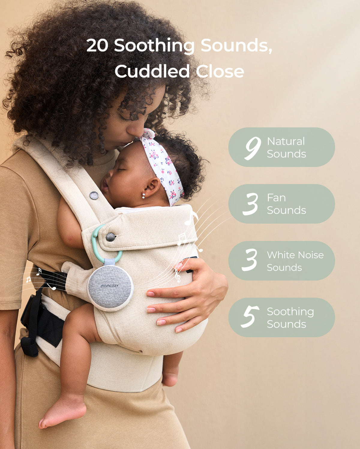 20 Klänge der Momcozy Soundmaschine, Mutter trägt und küsst ihr Baby