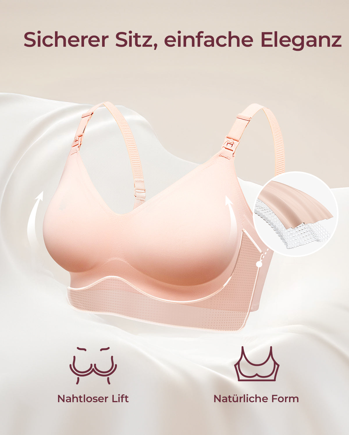 Light peach Ultra Soft Seamless Nursing Bra YN21 showing structural design for Seamless Lift, Natural Shape, Secure Fit.