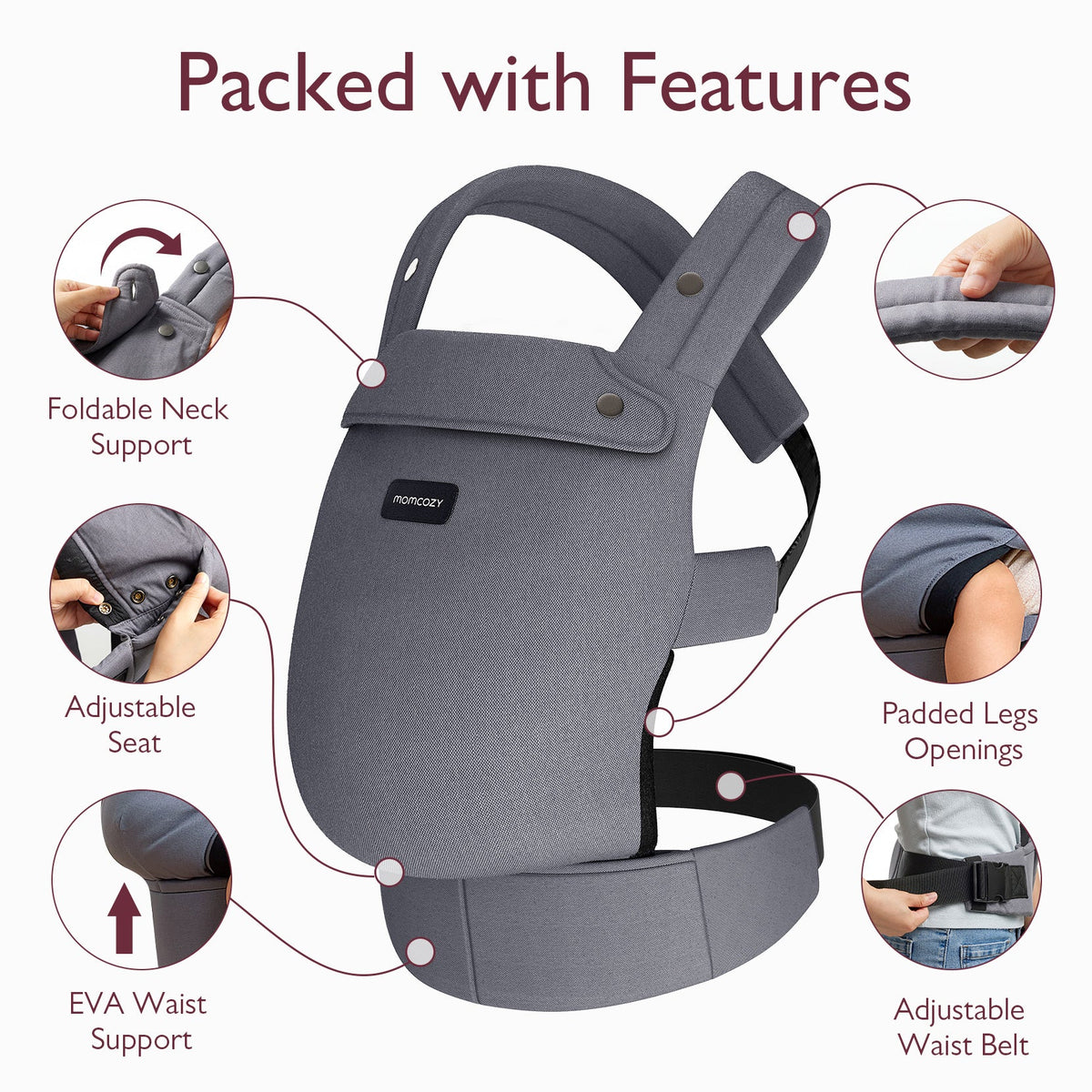 Momcozy PureHug baby carrier, gray, features foldable neck support, adjustable seat, and waist belt for babywearing.
