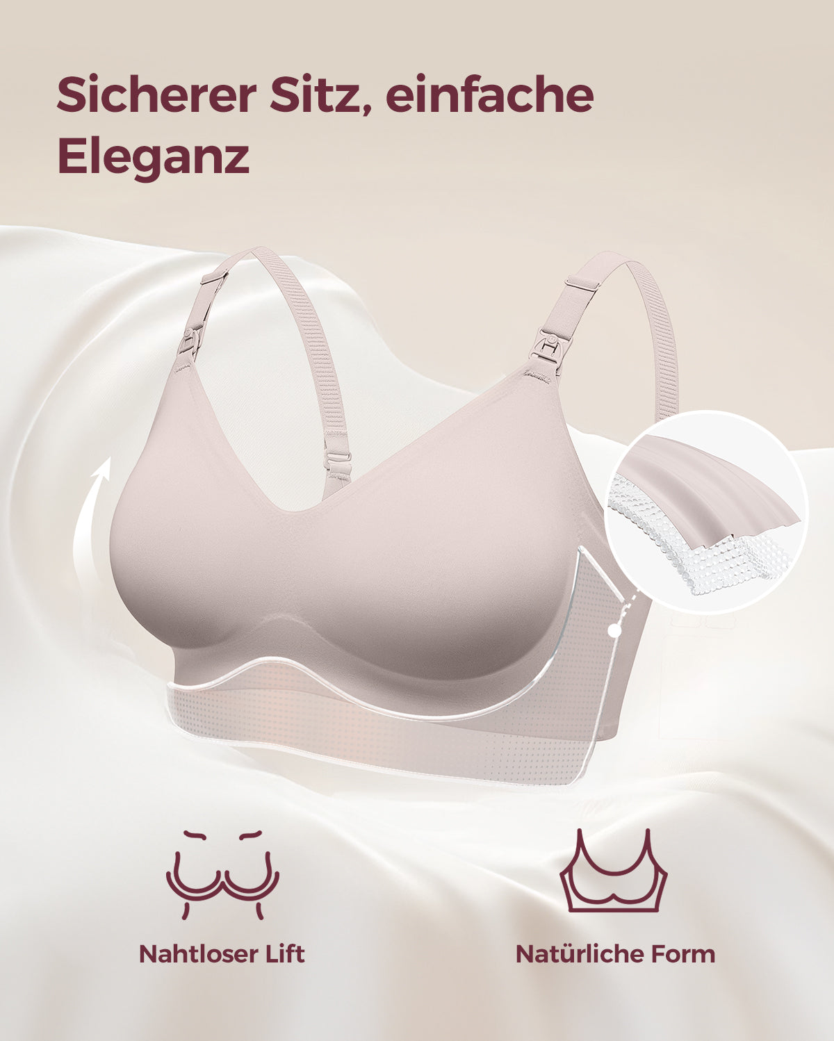 Light taupe Ultra Soft Seamless Nursing Bra YN21. Highlights secure fit, natural shape, and M5 Pump design.