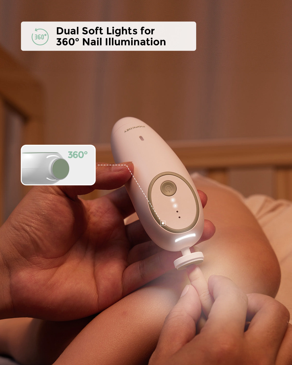 Zwei weiche Lichter der Babynagelfeile leuchten den Nagel rundum aus
