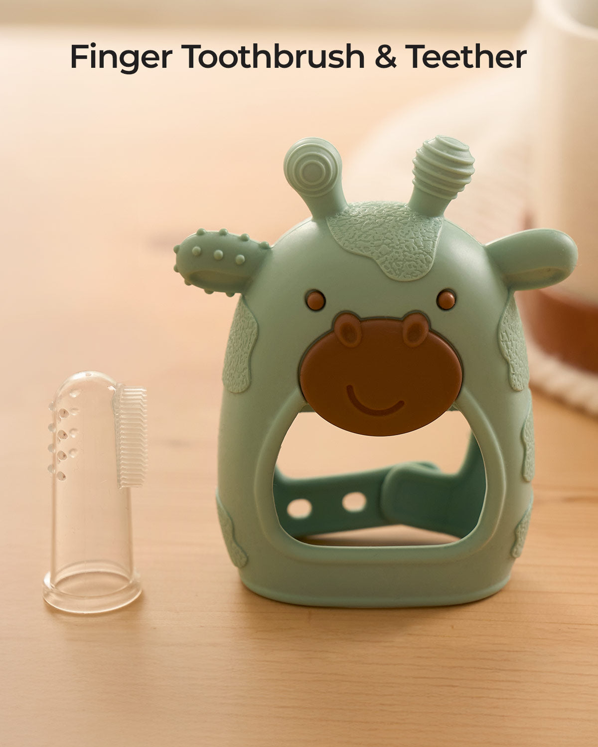 Beißring und Fingerzahnbürste aus Silikon im Momcozy Elite Babyset