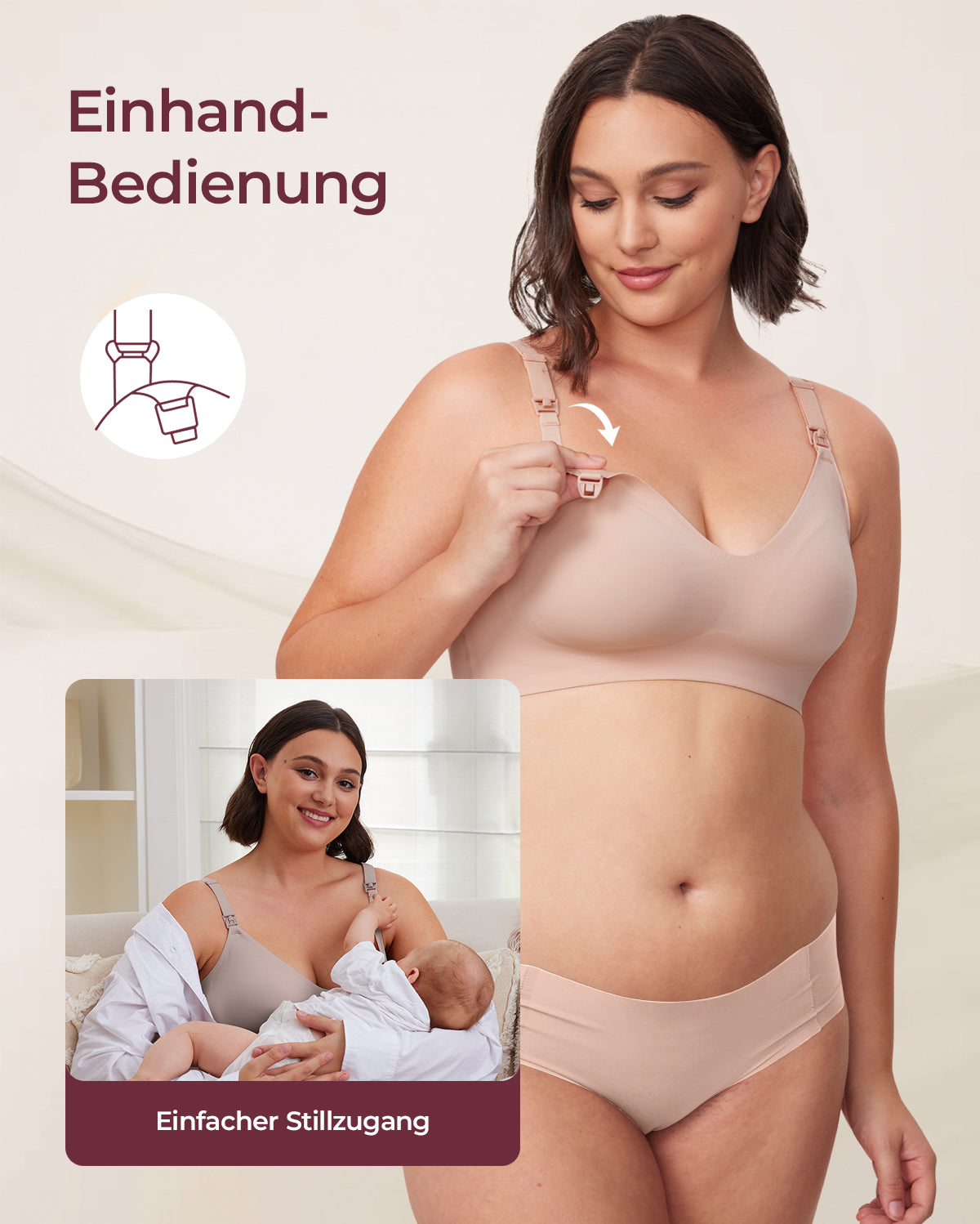 Light taupe YN21 Ultra Soft Nursing Bra: One-hand clip for simple nursing access. Inset: mother breastfeeding.