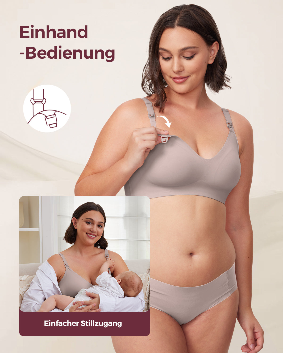 Light taupe Seamless Nursing Bra YN21: model demonstrates one-hand clip for easy nursing. Inset shows mother breastfeeding.