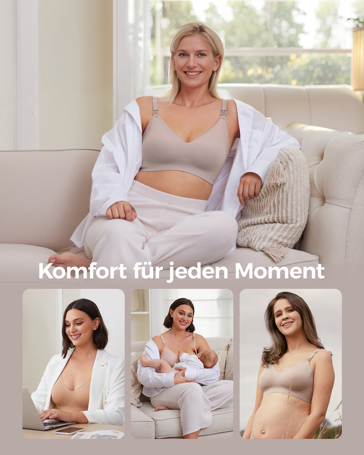 Light taupe Ultra Soft Seamless Nursing Bra YN21: versatile comfort for pregnancy, nursing, and everyday. M5 pump compatible.