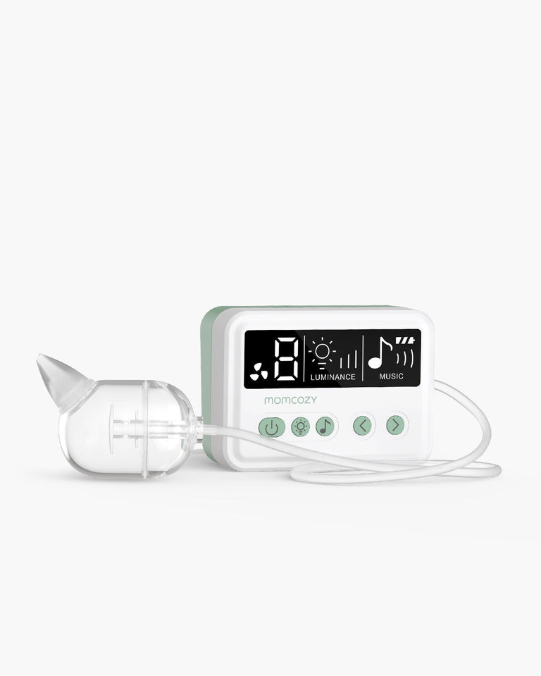 Translation missing: de.Momcozy electric nasal aspirator with digital display showing suction, luminance, and music settings. Includes collection bulb and buttons