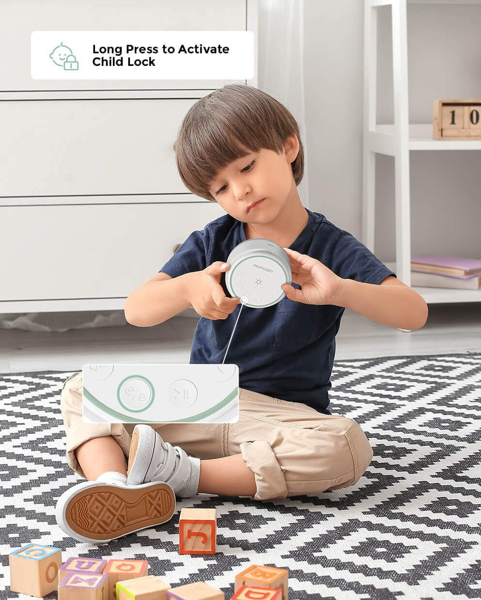 Momcozy baby sound machine in use, child lock feature. Portable design for baby sleep, easy controls.