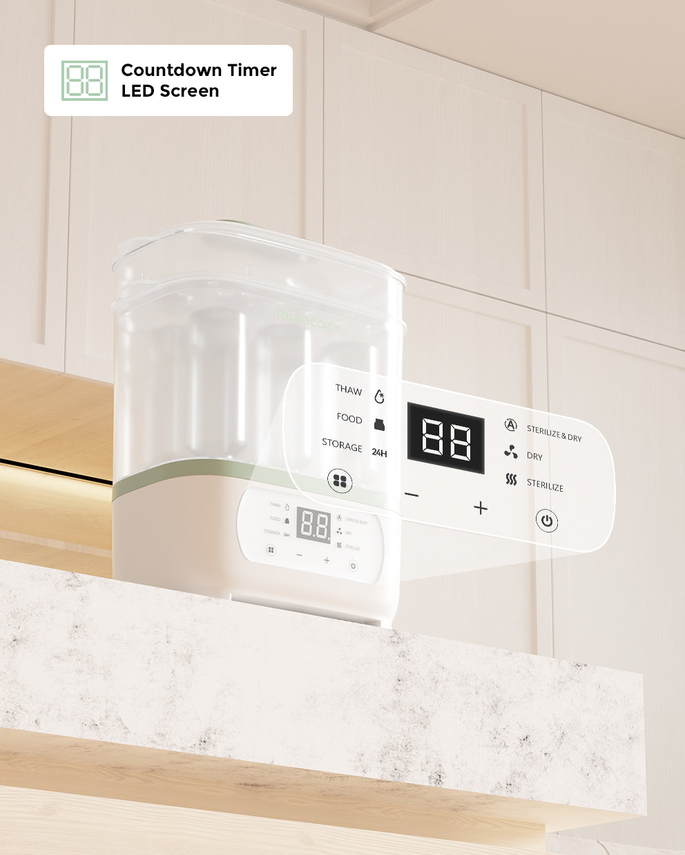 Bedienfeld des Momcozy 8-in-1 Sterilisators mit LED-Countdown und Programmwahl