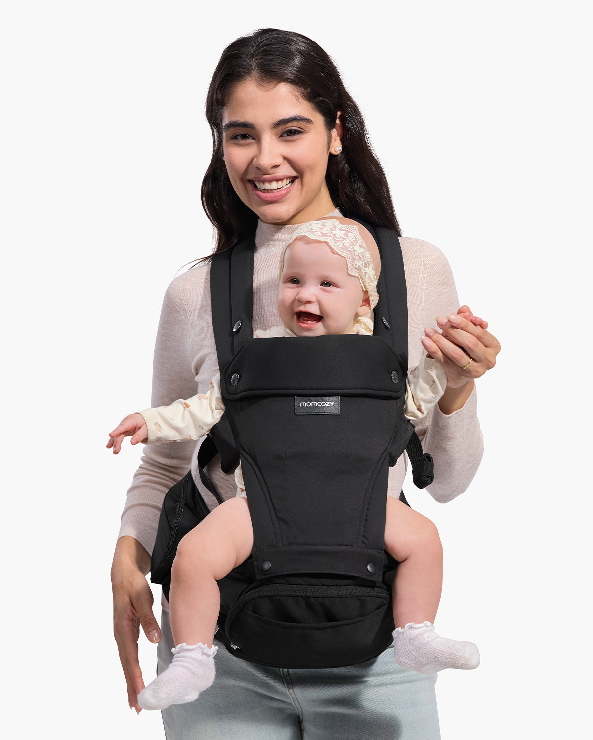 Momcozy Move2Fit Hüftsitztrage mit Baby in nach vorn gerichteter Sitzposition