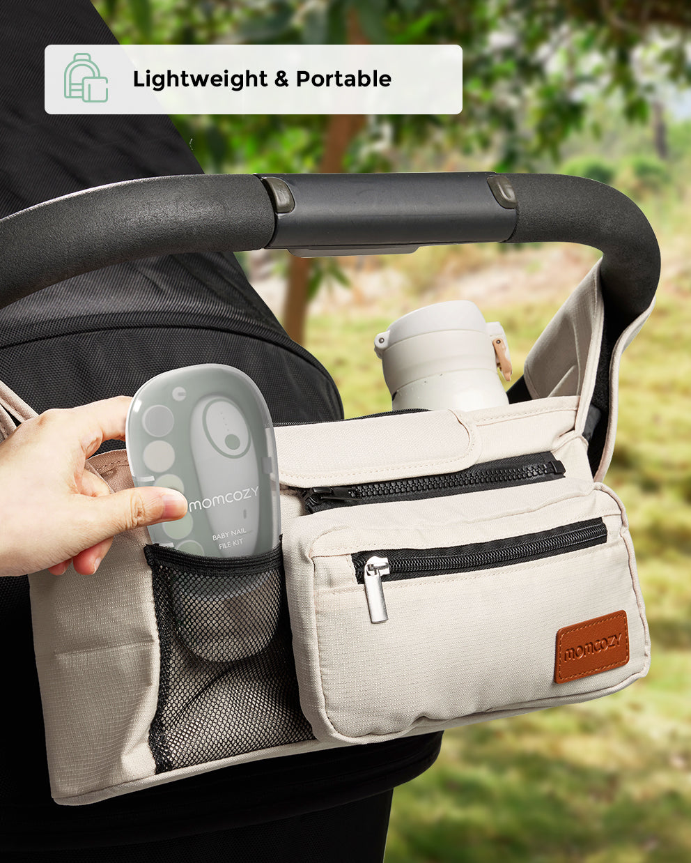 Leichte Momcozy Babynagelfeile passt in die Kinderwagentasche für unterwegs