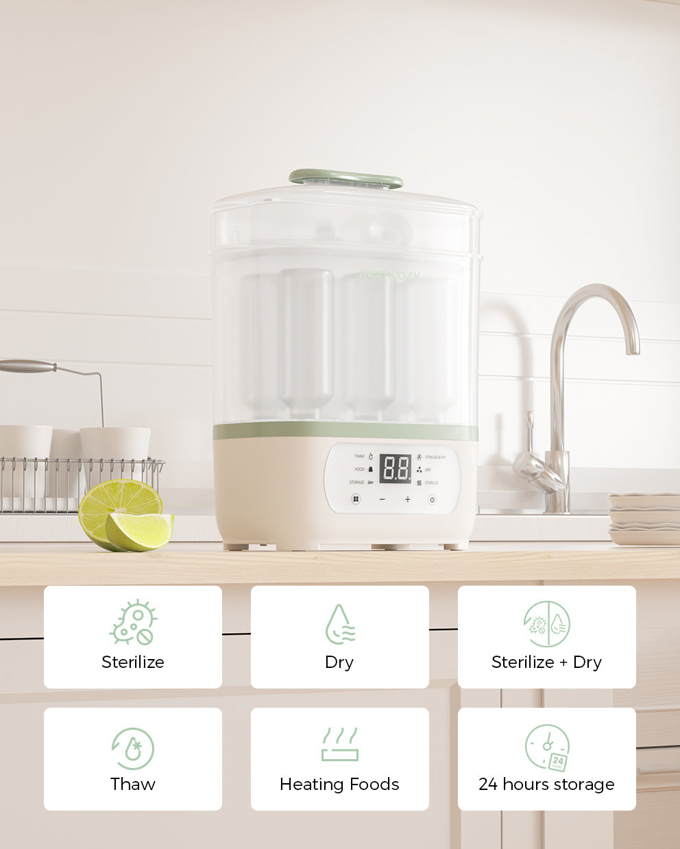 Momcozy 8-in-1 Sterilisator: sterilisieren, trocknen, auftauen, Speisen wärmen, 24 Stunden lagern