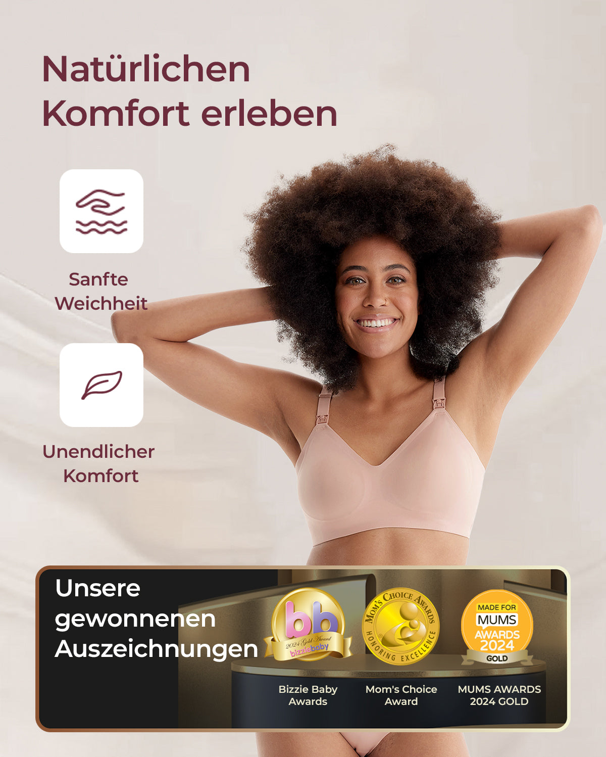 Smiling model in light nude Seamless Nursing Bra YN21. Highlights comfort, Bizzie Baby, Mom's Choice, Mums 2024 Gold awards.