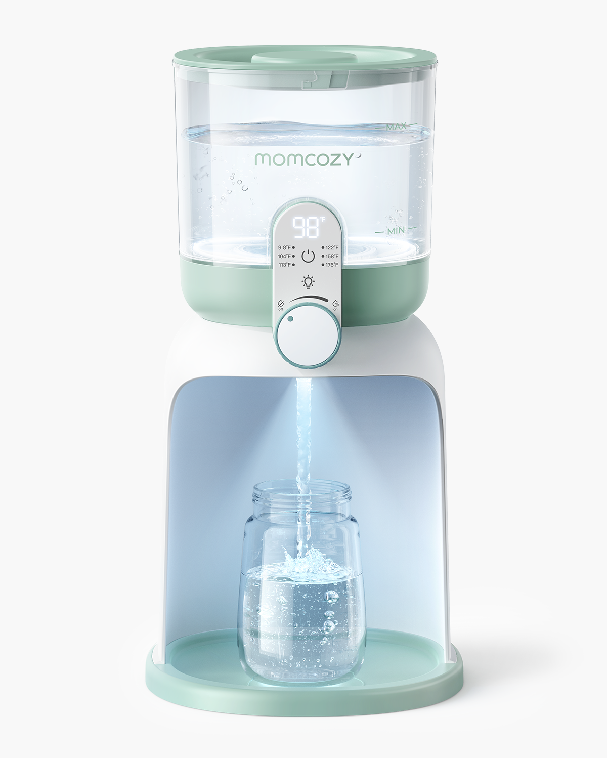 Momcozy Instant Wasserwärmer FD03 gibt temperiertes Wasser in ein Glasgefäß ab