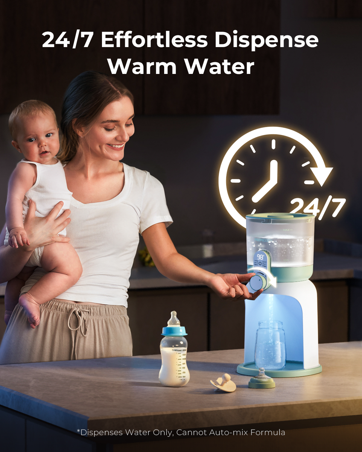 Momcozy Wasserwärmer gibt rund um die Uhr temperiertes Wasser ab, einhändig bedienbar