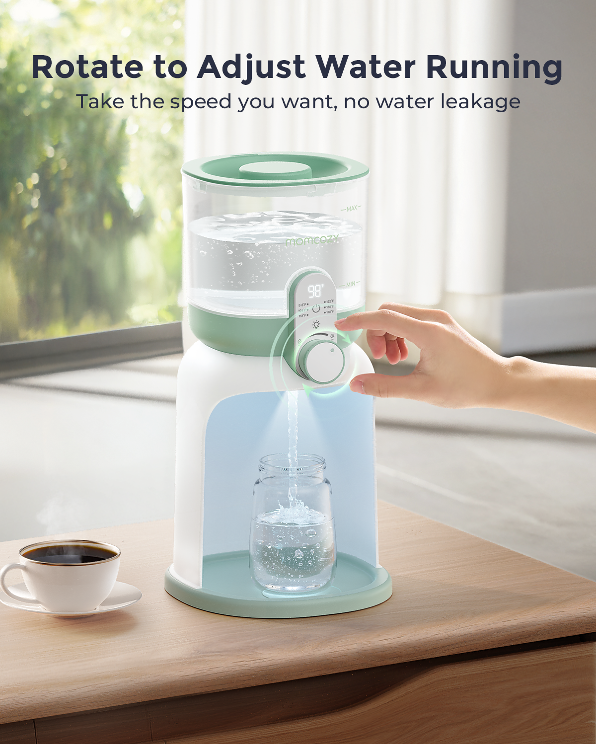 Drehregler des Momcozy Wasserwärmers regelt die Geschwindigkeit des Wasserflusses