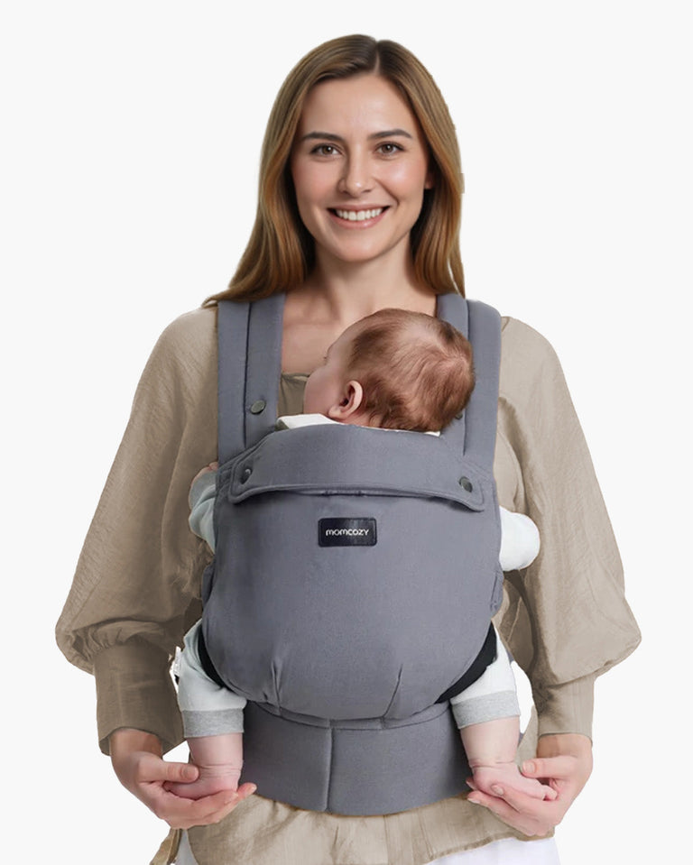 Translation missing: de.Momcozy PureHug Baby Carrier in Grey, comfortable baby carrier for baby, held by mom, with Momcozy logo