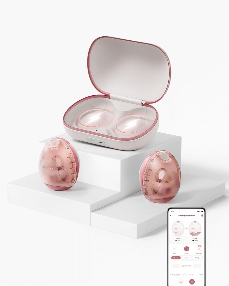Momcozy Air 1 ultraflache Milchpumpe in Rosa mit Ladeetui und App-Steuerung