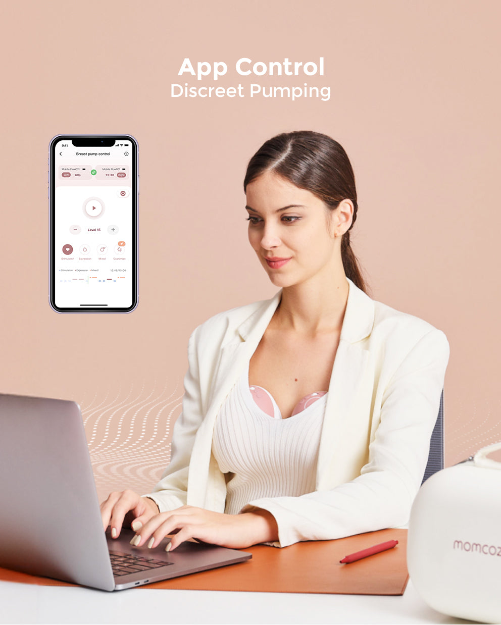 Momcozy M9 Milchpumpe diskret im BH, per App gesteuert beim Arbeiten