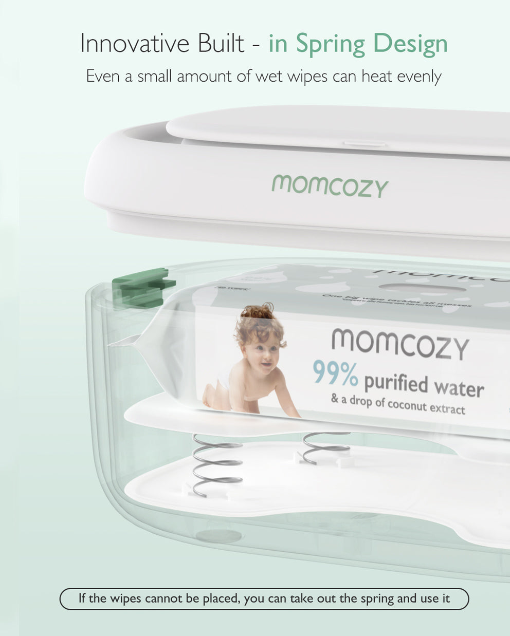 Federboden im Momcozy Feuchttuchwärmer hebt die Tücher an, damit auch kleine Mengen gleichmäßig warm werden