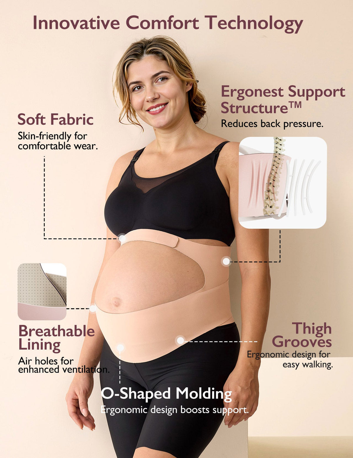 BumpEase mit Ergonest-Stützstruktur, atmungsaktivem Futter und Aussparungen für die Oberschenkel