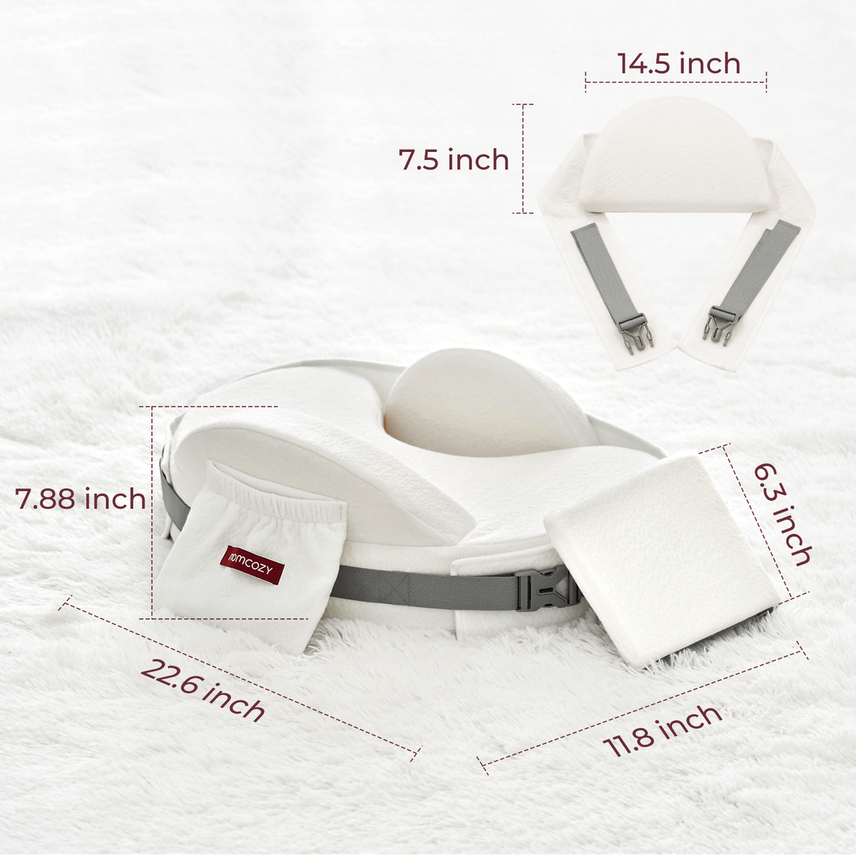 White Momcozy MaxSupport nursing pillow with adjustable strap, pouch, and dimension callouts.