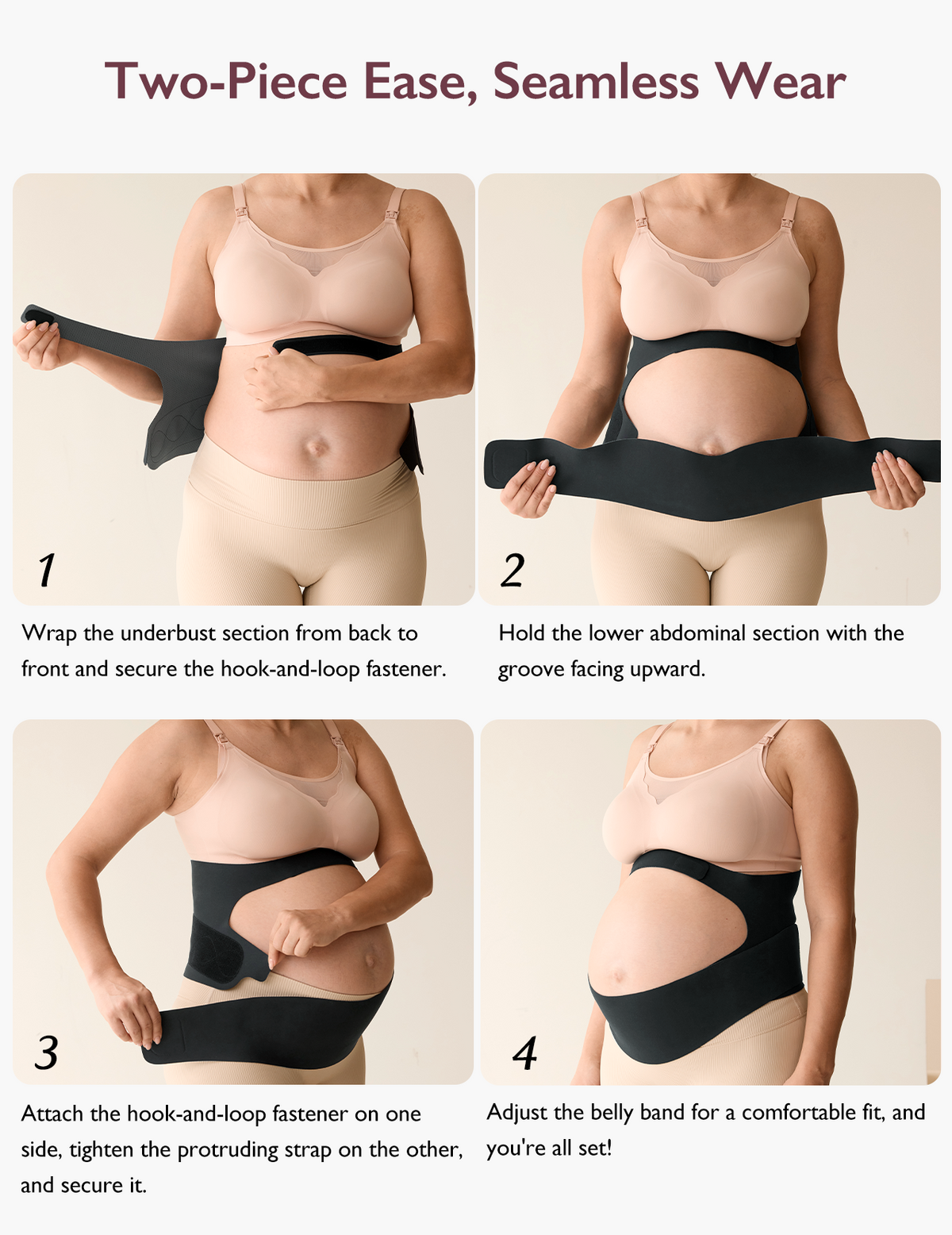 From various angles, here are the four steps to wearing the Momcozy Ergonest Maternity Belly Band, emphasizing its softness, comfort, and user-friendly design.